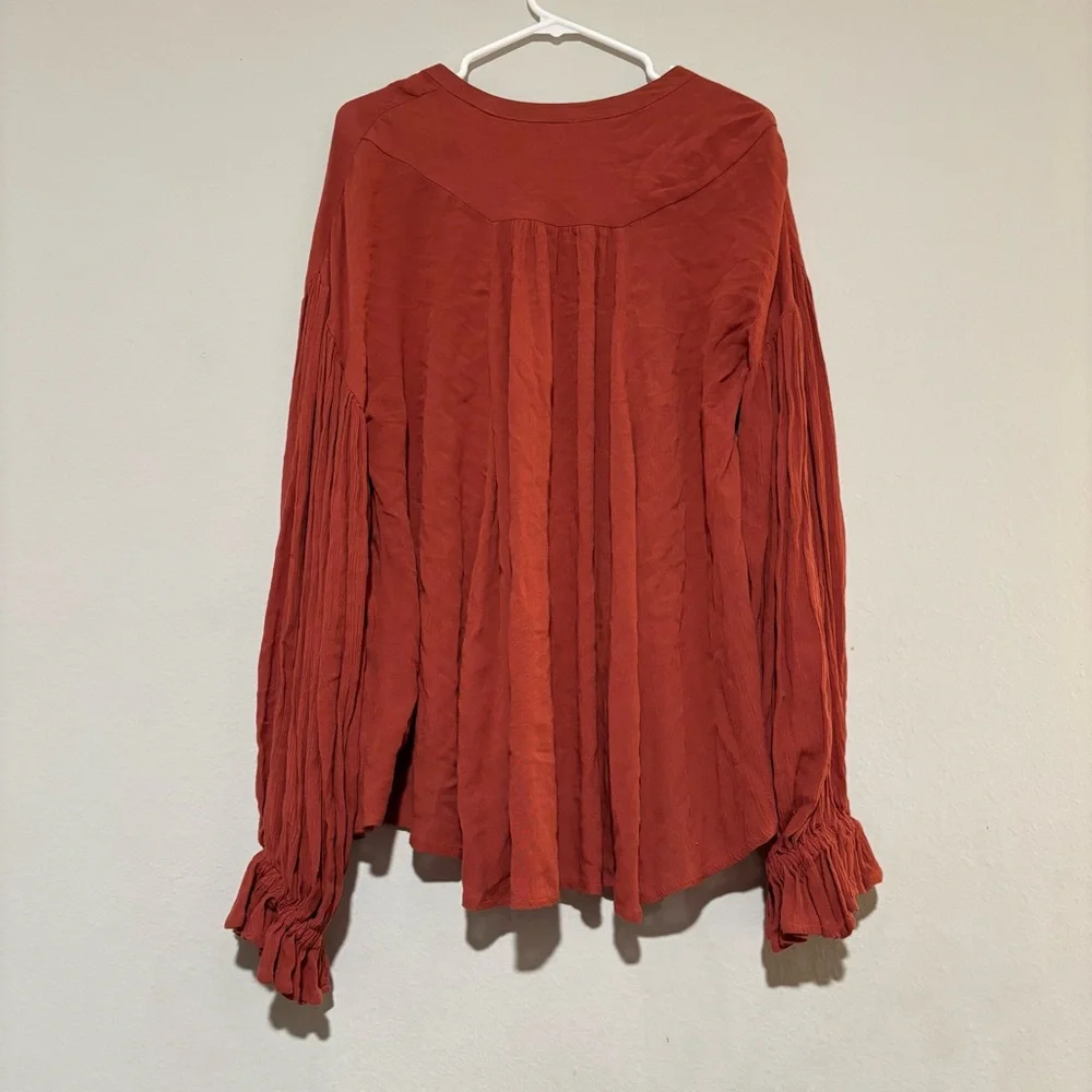 Free People Red Puff Sleeve Blouse with Tie Front